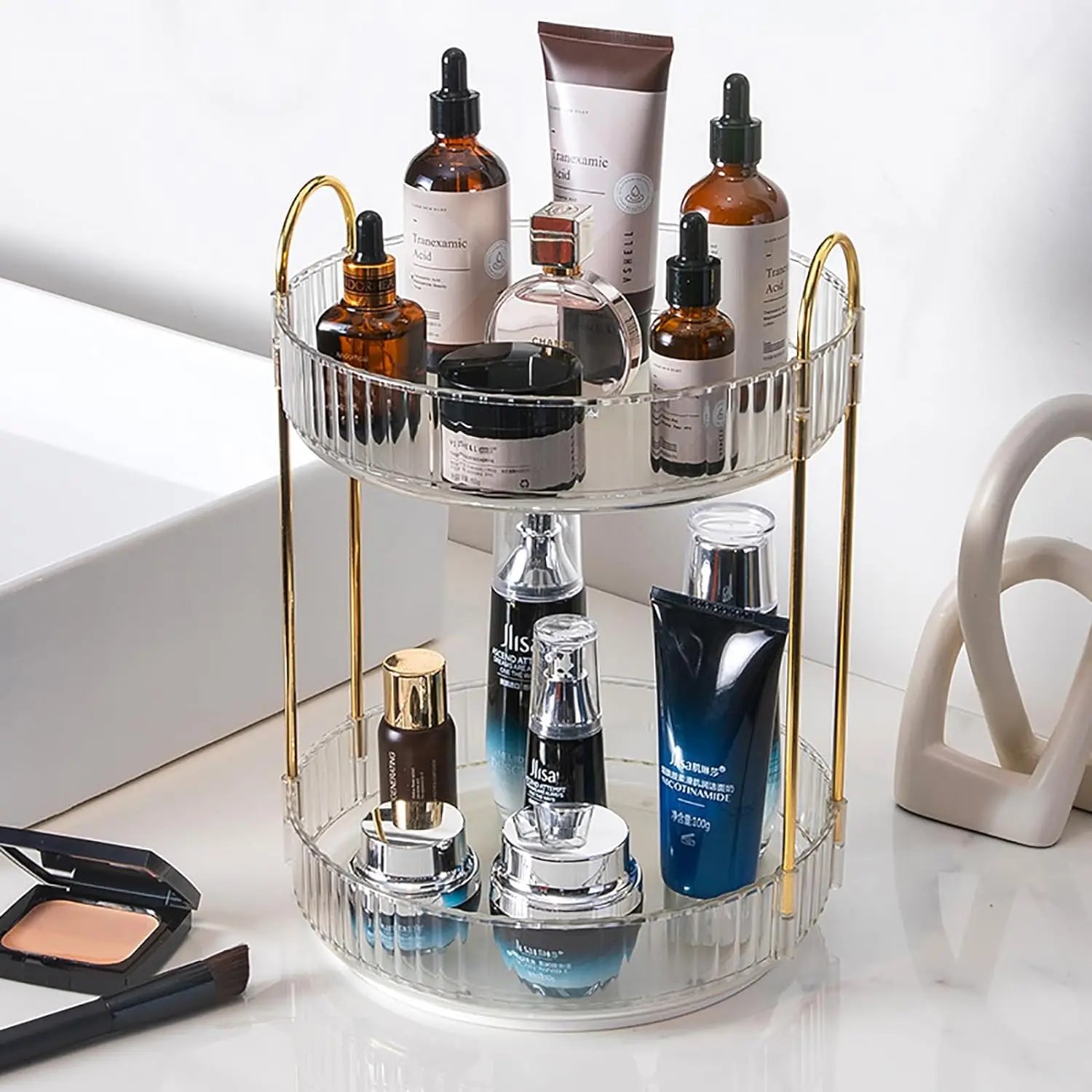 360° Rotating Makeup Organizer – 2-Layer Vanity Storage