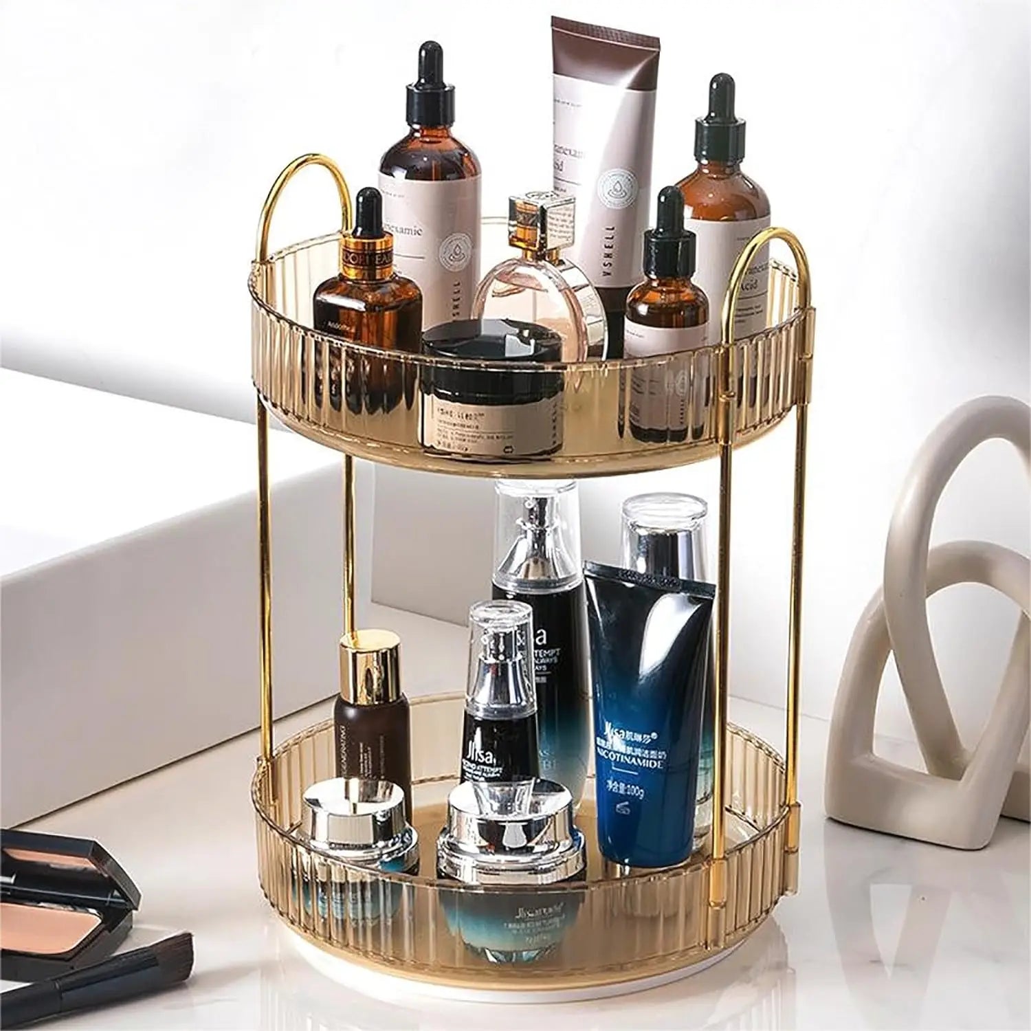 360° Rotating Makeup Organizer – 2-Layer Vanity Storage