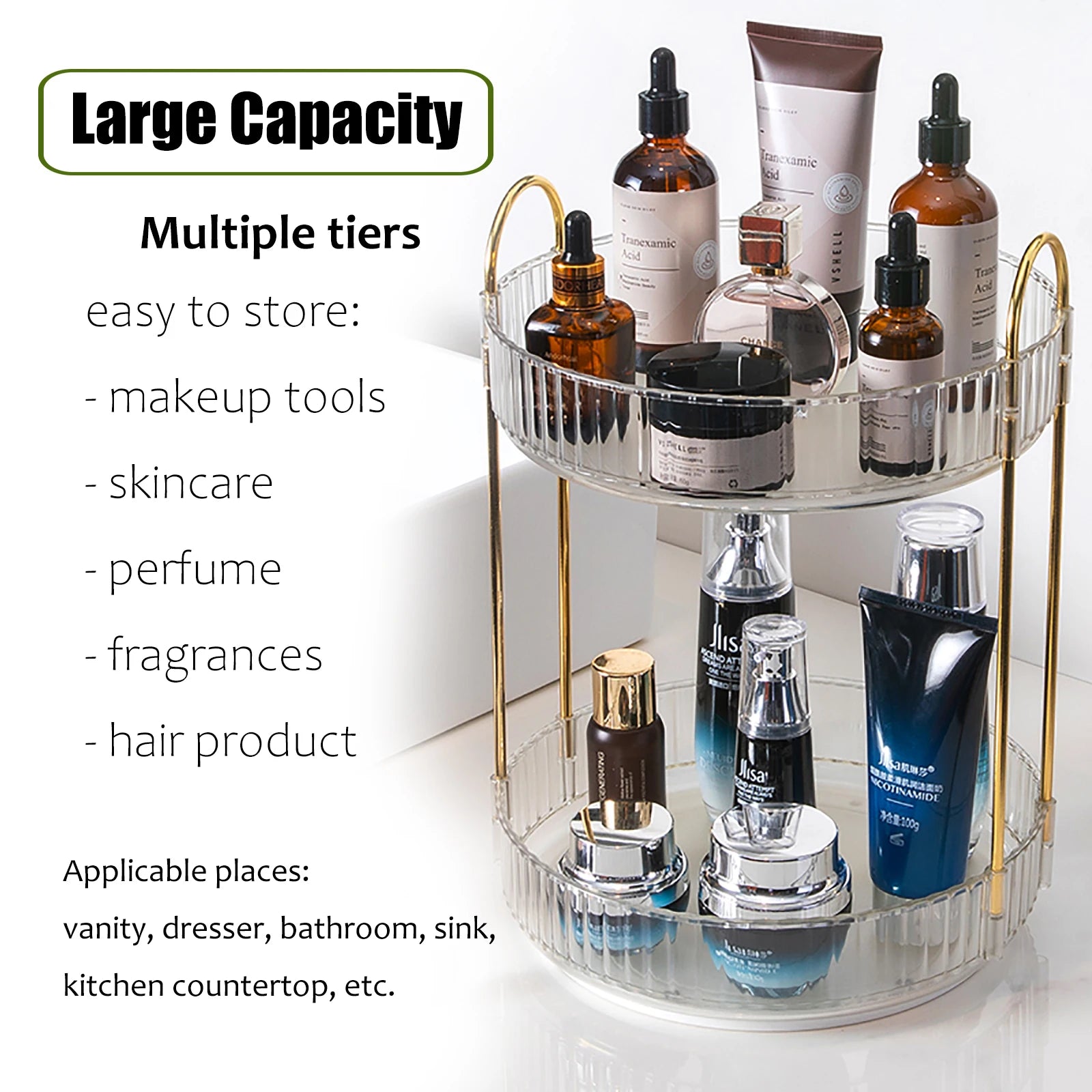 360° Rotating Makeup Organizer – 2-Layer Vanity Storage