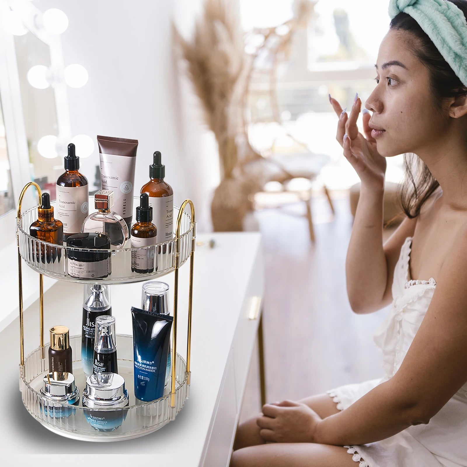 360° Rotating Makeup Organizer – 2-Layer Vanity Storage
